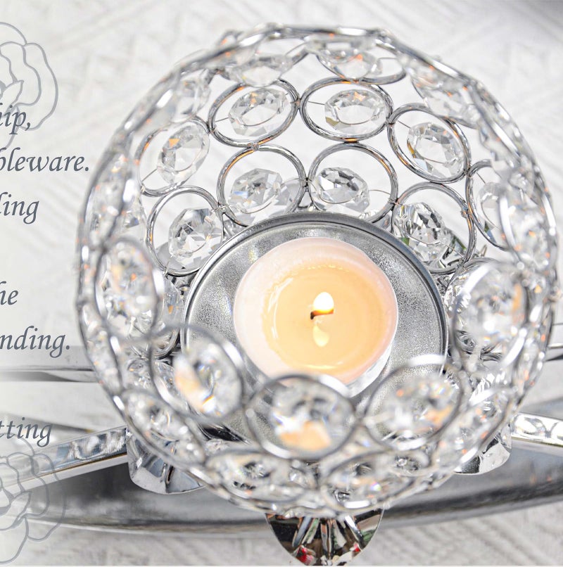 Kehail Set of 3 Silver Crystal Tea Light Candlestick Holders Flower Shape with Crystal Pendant Bowl Votive Metal Candle Holder for Table Centerpieces Wedding Home Decor - Image 5