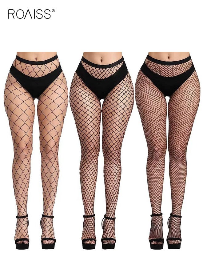 roaiss 3 Pairs Women's Fishnet Stockings, Large Mesh Footed Tights, Anti-Run Thin Style with Heel Support for Buttock Lift and Shaping, Nylon Ultra-Thin Shaping Solid Color Fishnet Stockings, Black - Image 1