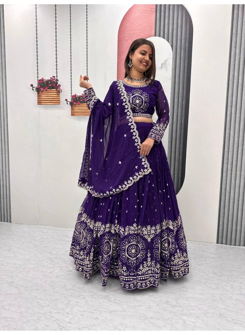 Super Asian Designer Heavy Faux Georgette Lehenga Choli Set for Women with 7mm Sequence Embroidery & Dupatta – Fully Stitched  - Image 1