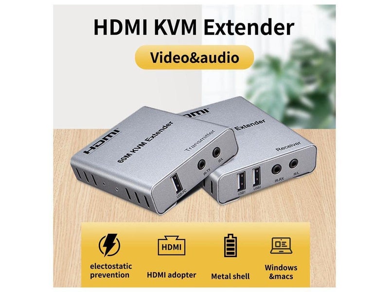 foxaa New 60M USB KVM HDMI Extender, with 1080P R/L Audio by CAT5E Cat6 RJ45 Ethernet Cable Transmitter Receiver Audio Video Converter PC Laptop to TV Monitor - Image 2