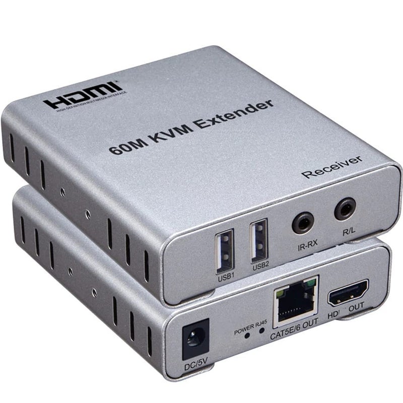foxaa New 60M USB KVM HDMI Extender, with 1080P R/L Audio by CAT5E Cat6 RJ45 Ethernet Cable Transmitter Receiver Audio Video Converter PC Laptop to TV Monitor - Image 1