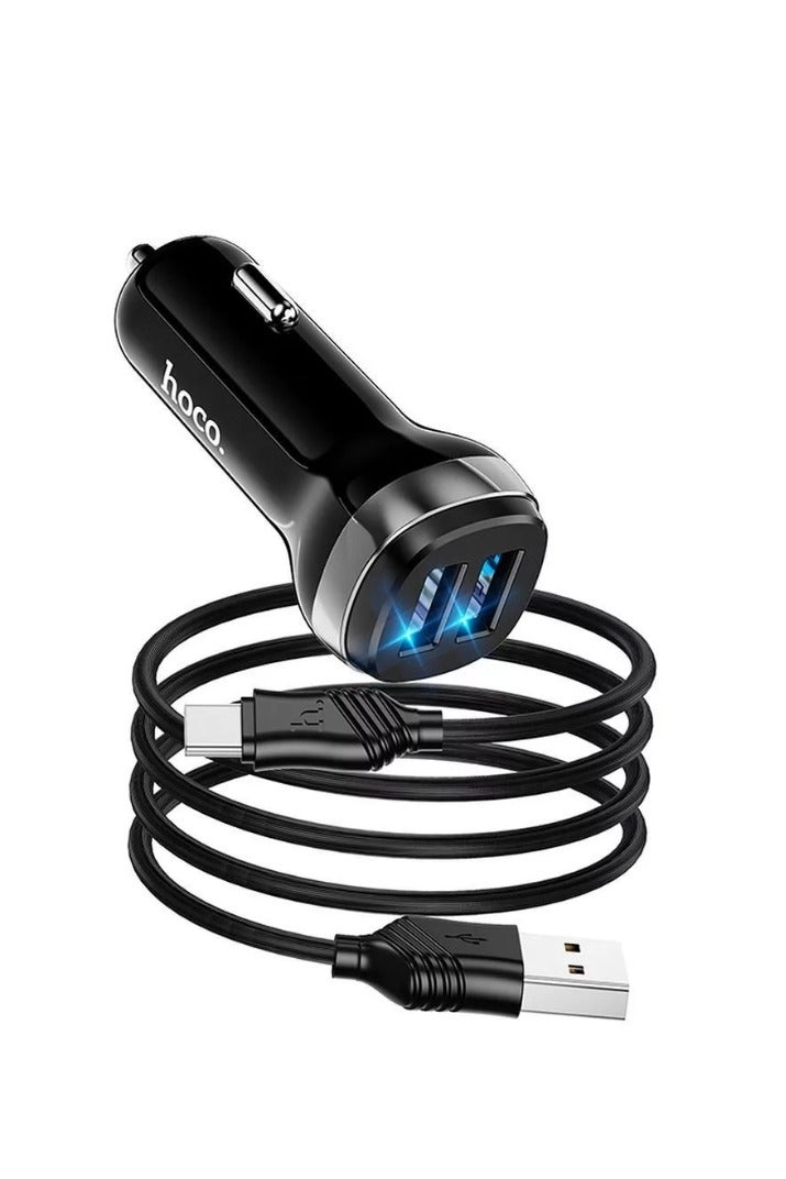 Hoco Z40 - Superior dual port car charger and Cable (Total 5V/2.4A - 1M) - Type-C For Samsung Huawei Xiaomi Oppo - Black - Image 1