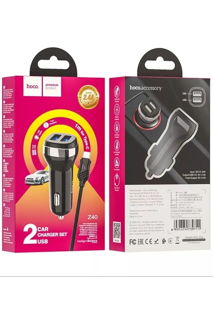 Hoco Z40 - Superior dual port car charger and Cable (Total 5V/2.4A - 1M) - Type-C For Samsung Huawei Xiaomi Oppo - Black - Image 3