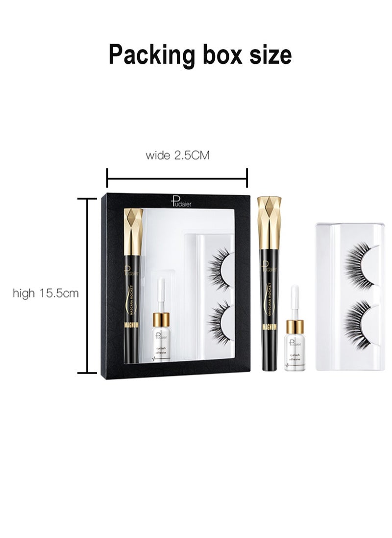 4D Mascara and False Eyelashes with Lash Glue Set, Waterproof Long-lasting Smudge-Proof Lengthening Thick Natural Volume Curled Lashes Fiber Mascara
