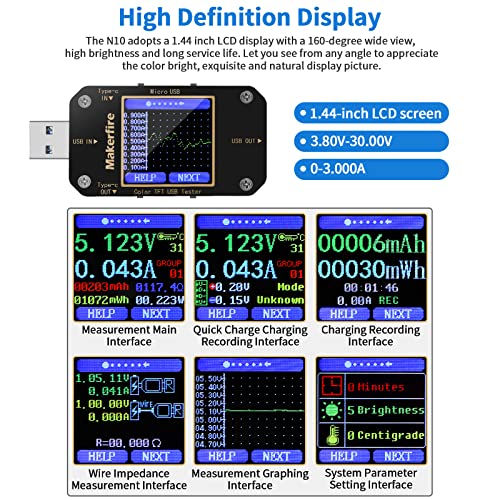 MakerHawk USB Multimeter USB Voltmeter Ammeter Load Tester USB Voltage Current PD Battery Power Capacity Charger Type C Meter Tester LCD Display Cable Resistance QC2.0/3.0/4.0 N10 1.44 Inch Screen - Image 3