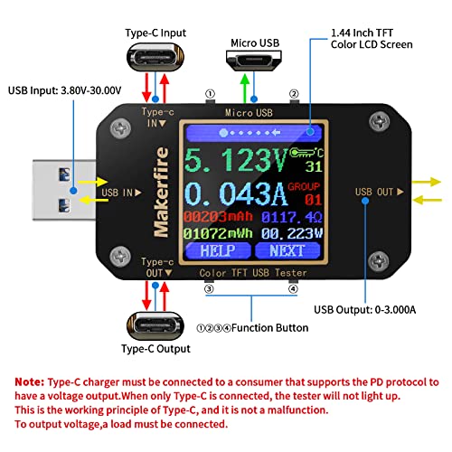 MakerHawk USB Multimeter USB Voltmeter Ammeter Load Tester USB Voltage Current PD Battery Power Capacity Charger Type C Meter Tester LCD Display Cable Resistance QC2.0/3.0/4.0 N10 1.44 Inch Screen - Image 2