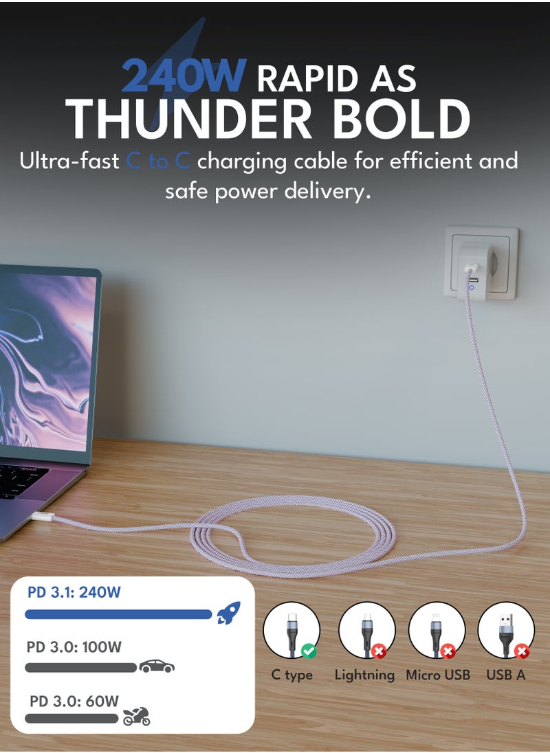 VOLTMA 240W USB C to USB C 3A 1M Premium Nylon Braided Fast Charging Cable, C to C Data Cable Cord, Type C Fast Charging Lead Compatible for iPhone 15 Pro/Max, MacBook Pro, Dell HP Laptop (Purple)  - Image 2