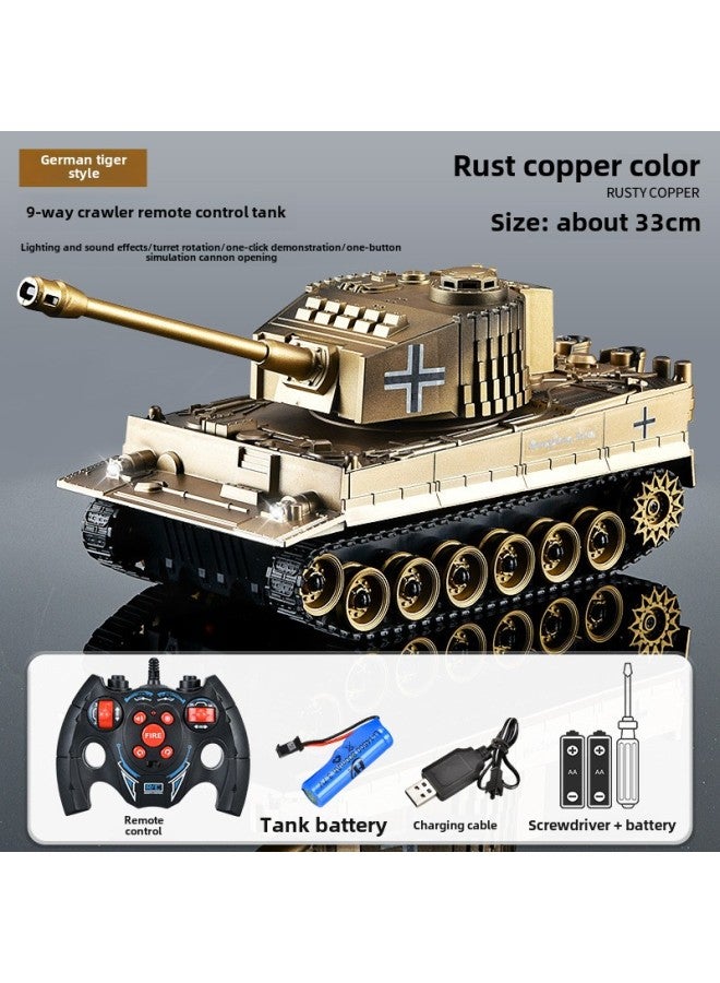 Large Remote Control Tank Car Crawler Children's Charging Electric Off-road Tiger Armored Car Model Gifts-Color:9-way 2.4g Tiger Tank Rust Copper Color-turret Rotation - Image 1