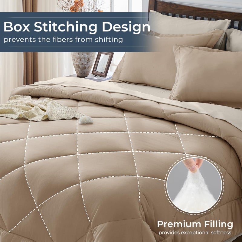 HEVUMYI Khaki & Linen Queen Comforter Set - 7-Piece All Season Bed in a Bag Queen, Ultra Soft Bedding Set with Comforter, Flat Sheet, Fitted Sheet, Pillowcases, Pillow Shams - Image 4