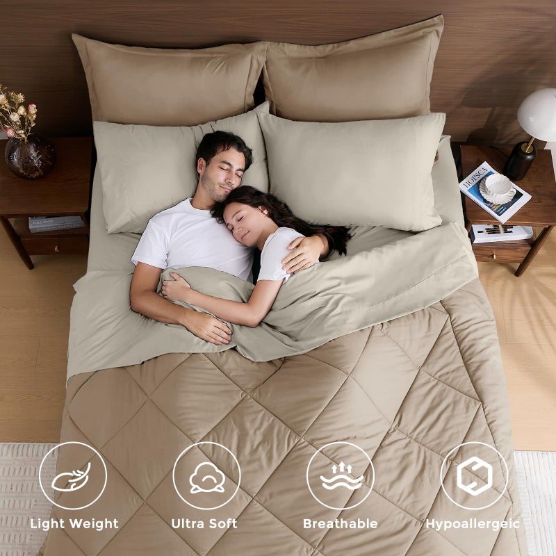 HEVUMYI Khaki & Linen Queen Comforter Set - 7-Piece All Season Bed in a Bag Queen, Ultra Soft Bedding Set with Comforter, Flat Sheet, Fitted Sheet, Pillowcases, Pillow Shams - Image 2