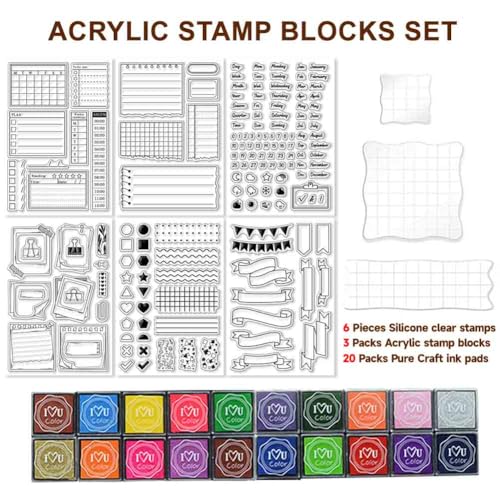 GLASSWINDS 29 Pcs Journal Stamps for Crafting Card Making Supplies Set Include 3 Acrylic Clear Stamp Blocks, 6 Clear Silicone Stamps Seals, 20 Craft Ink Pads Calendar Planner Stamp for DIY - Image 2
