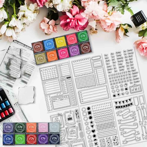 GLASSWINDS 29 Pcs Journal Stamps for Crafting Card Making Supplies Set Include 3 Acrylic Clear Stamp Blocks, 6 Clear Silicone Stamps Seals, 20 Craft Ink Pads Calendar Planner Stamp for DIY - Image 4