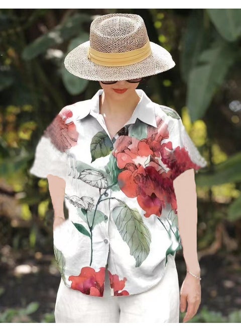Amazon Spring and Summer plus size Loose chubby girl Elegant Casual Western Style Age-reducing Printed Shirt with Short Sleeve Lel White