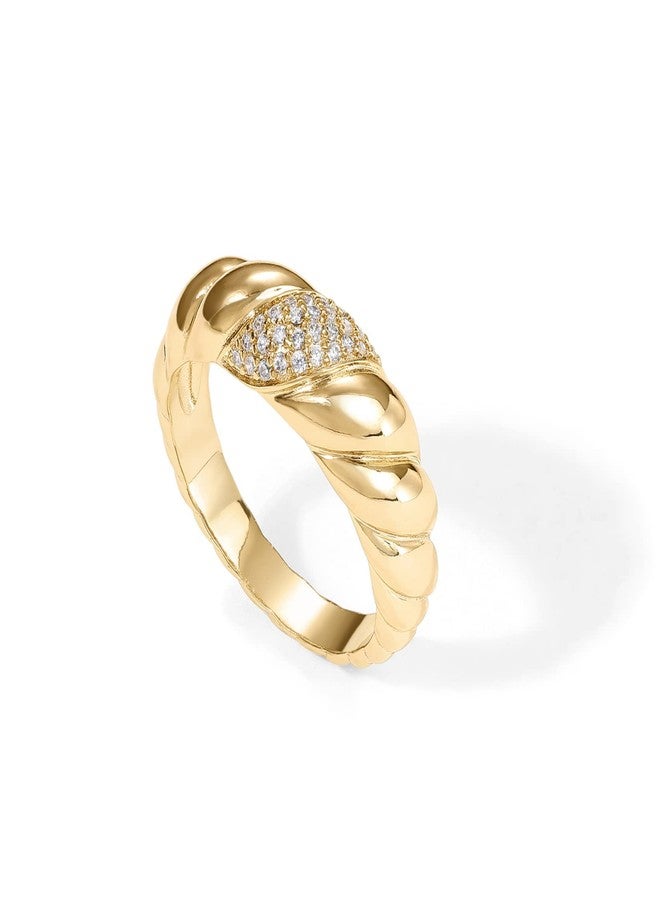 PAVOI 14K Yellow Gold Plated Croissant Twisted Braided CZ Signet Ring - Image 1