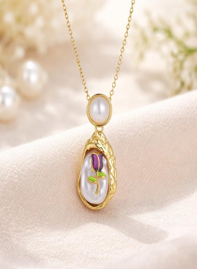 MEENAZ Gold Pearl Flower Pendant Necklace for Women Stainless Steel Adjustable Chains for women Locket Jewellery for women Anti Tarnish Korean Aesthetic Valentine Gift for Woman Girlfriend 190 - Image 4