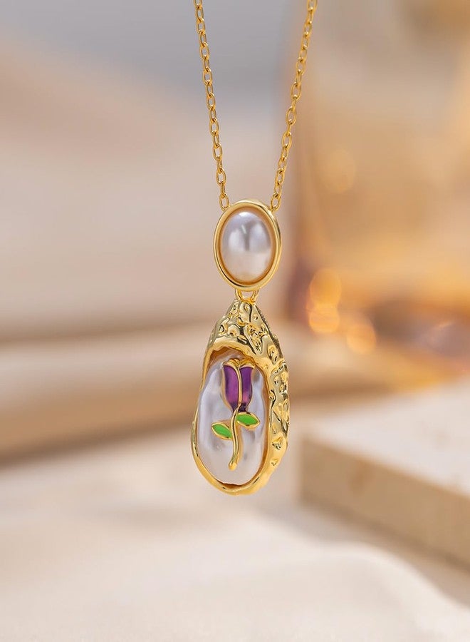 MEENAZ Gold Pearl Flower Pendant Necklace for Women Stainless Steel Adjustable Chains for women Locket Jewellery for women Anti Tarnish Korean Aesthetic Valentine Gift for Woman Girlfriend 190 - Image 3