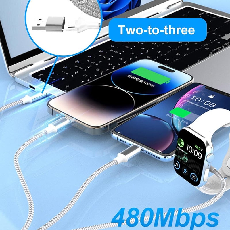 كابل شحن 3 في 1، محسن بقدرة شحن سريعة 27 واط و60 واط، من نوع USB C، مناسب لشحن ساعة Watch، ويدعم شحن أجهزة متعددة مثل iWatch Ultra/Series 10/9/8/7/6/SE2/5/4/3/2 وsmartphone 16/15 وsmartphone S23. طول الكابل 4 أقدام (120 سم). - Image 5