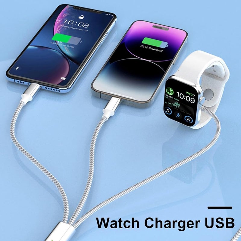 كابل شحن 3 في 1، محسن بقدرة شحن سريعة 27 واط و60 واط، من نوع USB C، مناسب لشحن ساعة Watch، ويدعم شحن أجهزة متعددة مثل iWatch Ultra/Series 10/9/8/7/6/SE2/5/4/3/2 وsmartphone 16/15 وsmartphone S23. طول الكابل 4 أقدام (120 سم). - Image 2