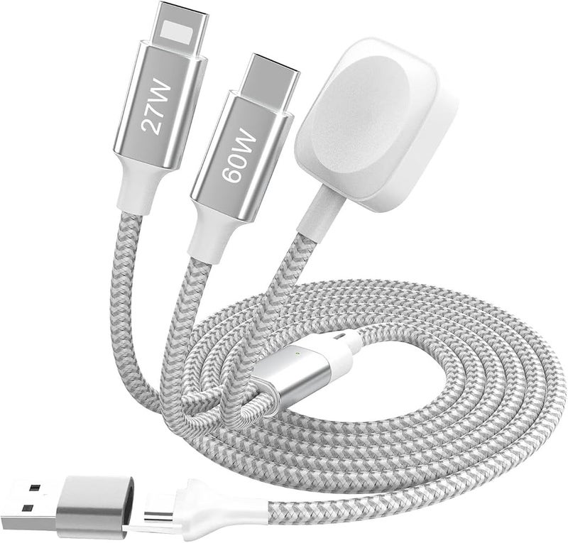 كابل شحن 3 في 1، محسن بقدرة شحن سريعة 27 واط و60 واط، من نوع USB C، مناسب لشحن ساعة Watch، ويدعم شحن أجهزة متعددة مثل iWatch Ultra/Series 10/9/8/7/6/SE2/5/4/3/2 وsmartphone 16/15 وsmartphone S23. طول الكابل 4 أقدام (120 سم). - Image 1