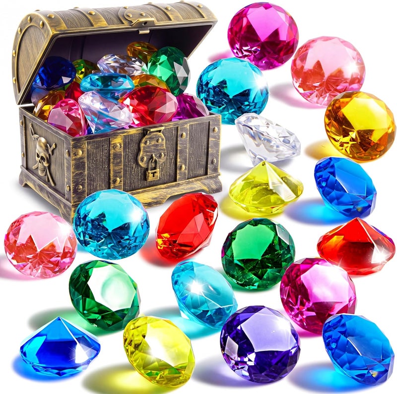 Sloosh Diving Gems Pool Toys,16 Big Colorful Diamond with Pirate Treasure Chest,Swim Dive Toy for Kids Underwater Gemstone Swimming Training Gift Water Toys Pool Games(Silver) - Image 1