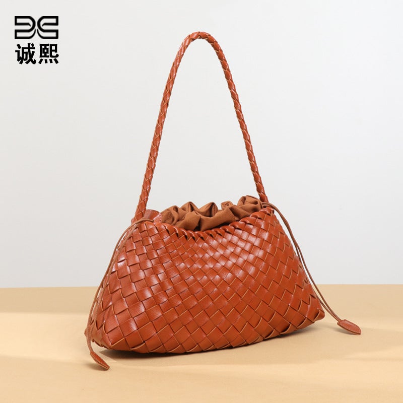 Soft PU Woven Bucket Bag with Drawstring Closure for Women - Image 5