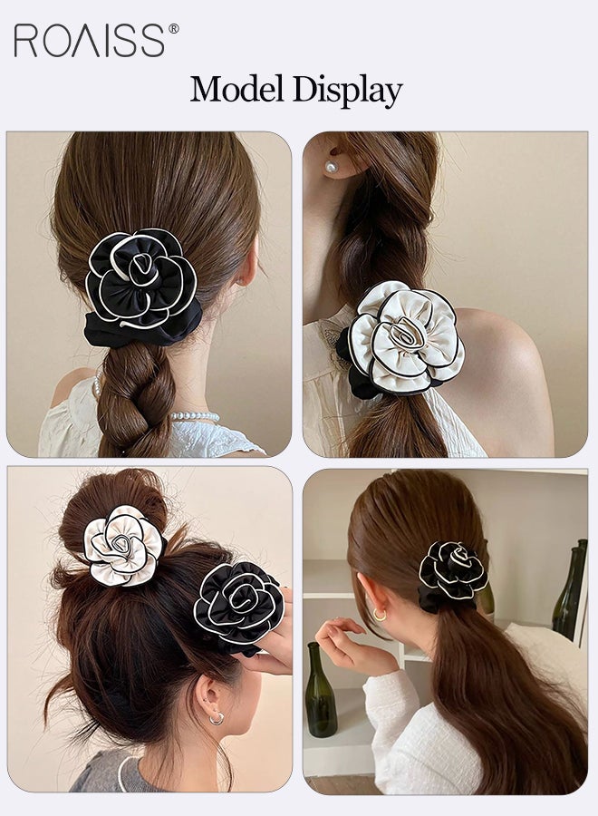 رويس 4 قطع من أربطة الشعر المرنة البسيطة، حامل ذيل حصان الكاميليا، ربطات شعر من الدانتيل بتصميم ريترو، إكسسوارات شعر من القماش المرن الناعم، مناسبة للترفيه اليومي والحفلات والعطلات والسفر والتصوير الفوتوغرافي في الشوارع - Image 2