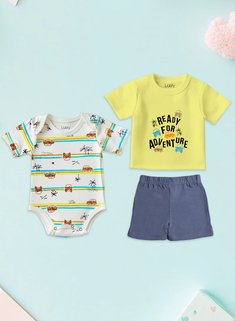 LUAY 100% Organic Cotton T-shirt+Onesies Pack of 3 set Baby 3in 1Gift Set for Unisex Baby Pure Cotton_Soft,Smooth& Machine,Washable,Breathable Fabric