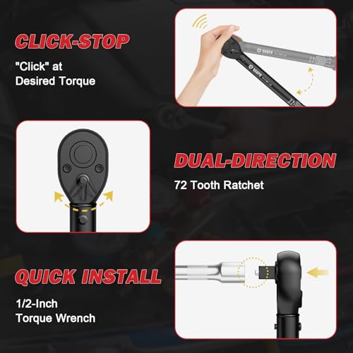 VANPO 1/2-inch Drive Click Torque Wrench,10-170 Ft-Lb/13.6-230.5 Nm, Adjustable Torque Wrench Set with 1/2" to 3/8" Adapter, 125mm Extension Bar, 72-Tooth Torque Wrench for Moto, Car Maintenance - Image 2