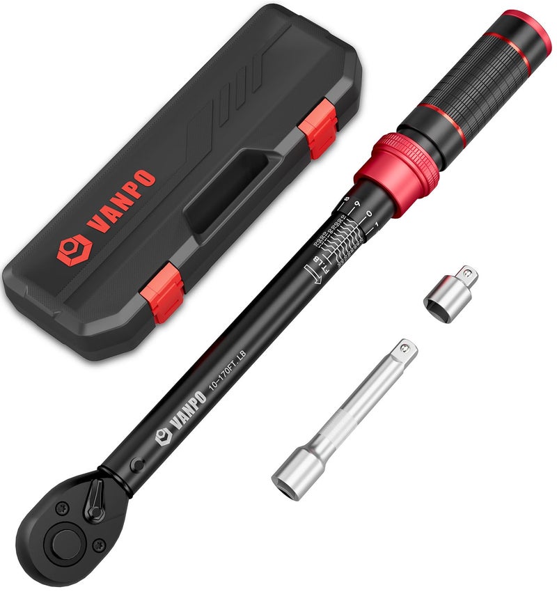 VANPO 1/2-inch Drive Click Torque Wrench,10-170 Ft-Lb/13.6-230.5 Nm, Adjustable Torque Wrench Set with 1/2" to 3/8" Adapter, 125mm Extension Bar, 72-Tooth Torque Wrench for Moto, Car Maintenance - Image 1