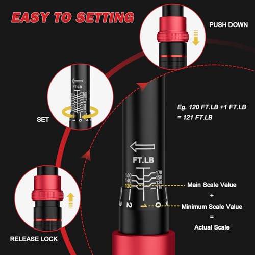 VANPO 1/2-inch Drive Click Torque Wrench,10-170 Ft-Lb/13.6-230.5 Nm, Adjustable Torque Wrench Set with 1/2" to 3/8" Adapter, 125mm Extension Bar, 72-Tooth Torque Wrench for Moto, Car Maintenance - Image 4