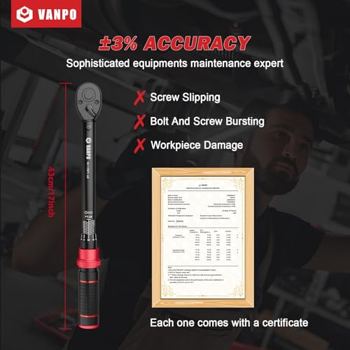 VANPO 1/2-inch Drive Click Torque Wrench,10-170 Ft-Lb/13.6-230.5 Nm, Adjustable Torque Wrench Set with 1/2" to 3/8" Adapter, 125mm Extension Bar, 72-Tooth Torque Wrench for Moto, Car Maintenance - Image 5