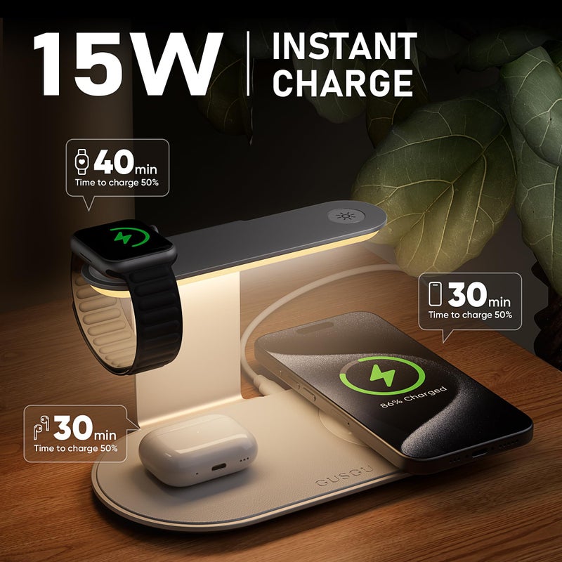 GUSGU 3 in 1 Charging Station for MagSafe Wireless Charger with Three-Level Night Light, 15W Max Fast Charging for iPhone Series/Samsung Galaxy Series, Apple/Samsung Watch Series, AirPods-Orange - Image 3