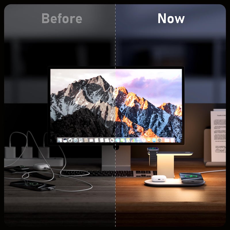 GUSGU 3 in 1 Charging Station for MagSafe Wireless Charger with Three-Level Night Light, 15W Max Fast Charging for iPhone Series/Samsung Galaxy Series, Apple/Samsung Watch Series, AirPods-Orange - Image 5