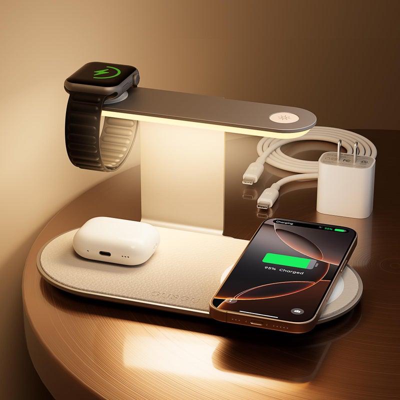 GUSGU 3 in 1 Charging Station for MagSafe Wireless Charger with Three-Level Night Light, 15W Max Fast Charging for iPhone Series/Samsung Galaxy Series, Apple/Samsung Watch Series, AirPods-Orange - Image 1
