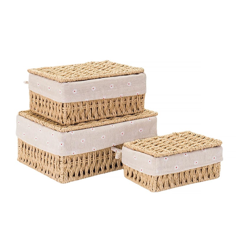 GIB cleaningtool GIB Small Wicker Storage Baskets with Lids and Liner, Rectangular Paper Rope Woven Baskets for Organizing, Decorative Boxes Boho Decor for Shelves Table Desktop Makeup Organizer, Set of 3 - Image 1