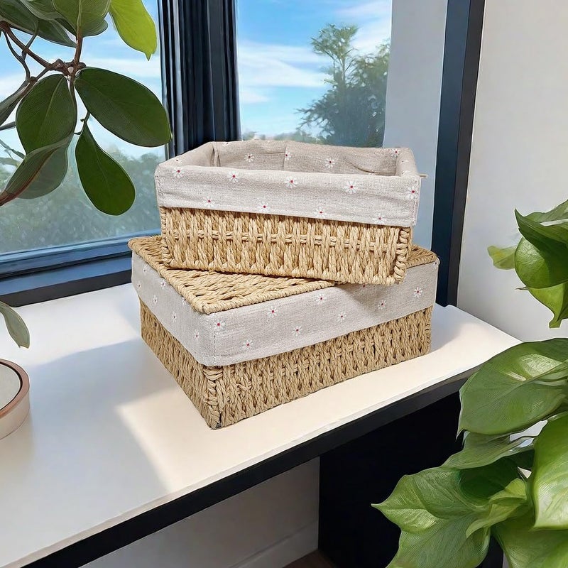 GIB cleaningtool GIB Small Wicker Storage Baskets with Lids and Liner, Rectangular Paper Rope Woven Baskets for Organizing, Decorative Boxes Boho Decor for Shelves Table Desktop Makeup Organizer, Set of 3 - Image 5