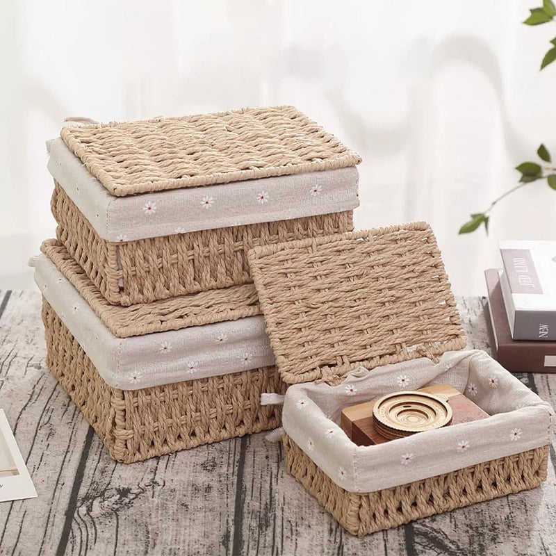 GIB cleaningtool GIB Small Wicker Storage Baskets with Lids and Liner, Rectangular Paper Rope Woven Baskets for Organizing, Decorative Boxes Boho Decor for Shelves Table Desktop Makeup Organizer, Set of 3 - Image 3