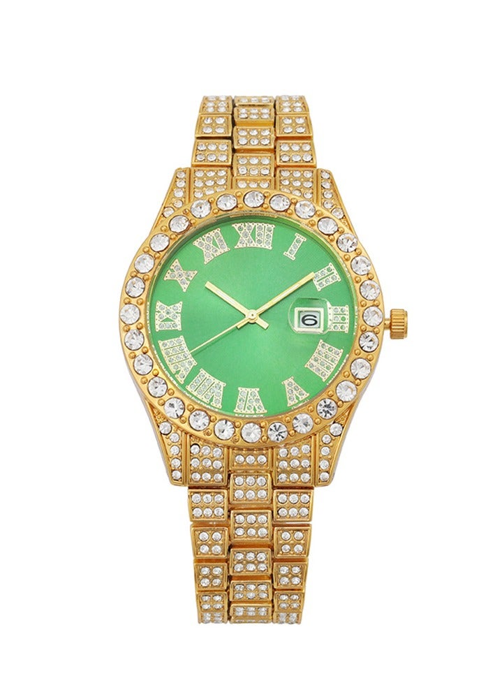 Hiphop style watch men's Roman scale diamond calendar men's quartz steel watch (gold) - Image 1