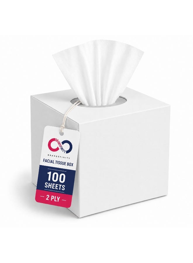 BRANDSFINITY Facial Tissue Cube Box, 100 Sheets, 2 Ply Tissues, Premium Soft Feel, Highly Absorbent, Perfect Tissues for All Skin Types, Home, Office, Car, or Events - Image 1