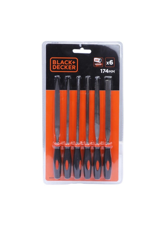 BLACK+DECKER BLACK+DECKER BDHT22148 174mm 6-Piece Steel Needle File Set for Cutting & Smootheing Out Surfaces Ideal for Wood, Metal, Plastic for Home & DIY Use, ORANGE & BLACK  - Image 1