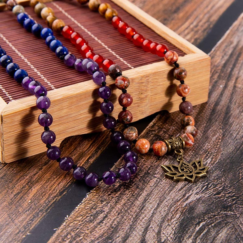 Bivei 7 Chakra 108 Mala Beads Bracelet Real Gemstone Yoga Meditation Hand Knotted Mala Prayer Bead Necklace(Lotus OM-6mm beads) - Image 5