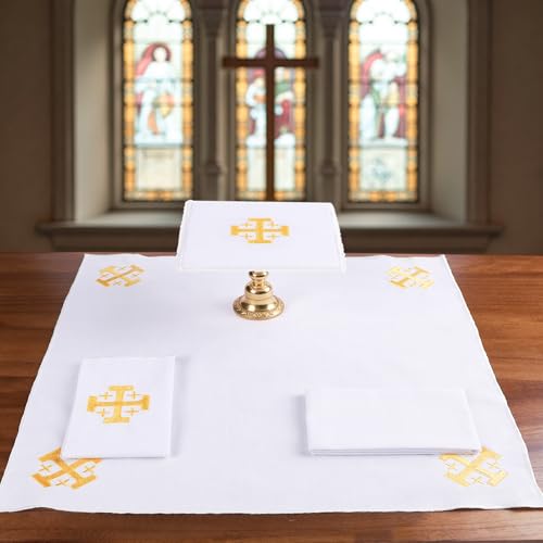 TALPGOD 4 Pack Altar Supplies Linen Corporal for Churches Set PallCorporalPurificatorTowel White Linen Altar Cloth Gold Cross EmbroideryMass Kit Catholic for Priest - Image 1