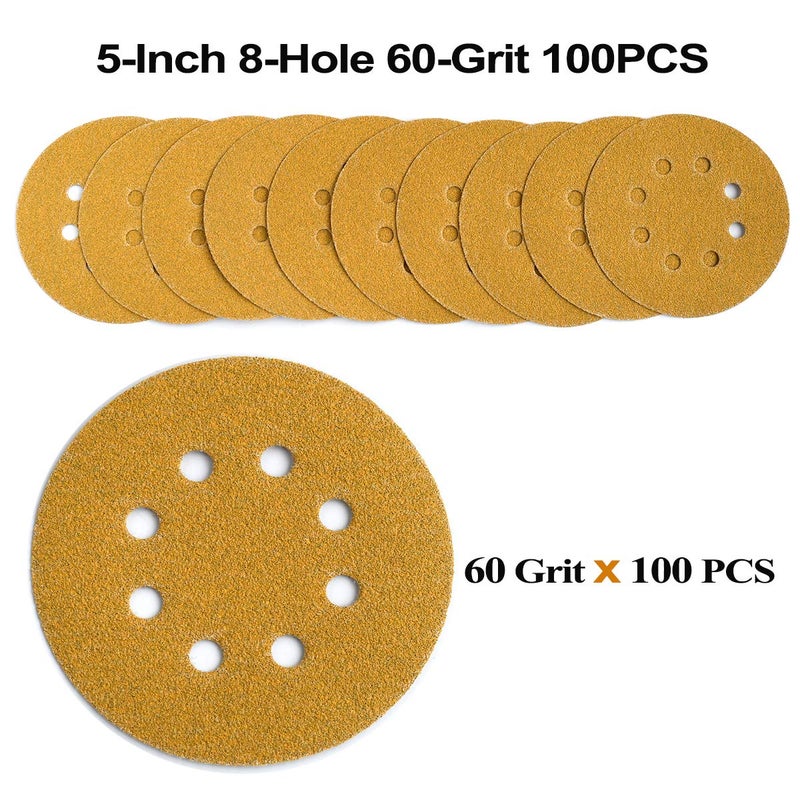 Aiyard 5-Inch 8-Hole Hook and Loop Sanding Discs 60-Grit Random Orbit Sandpaper, 100-Pack - Image 3