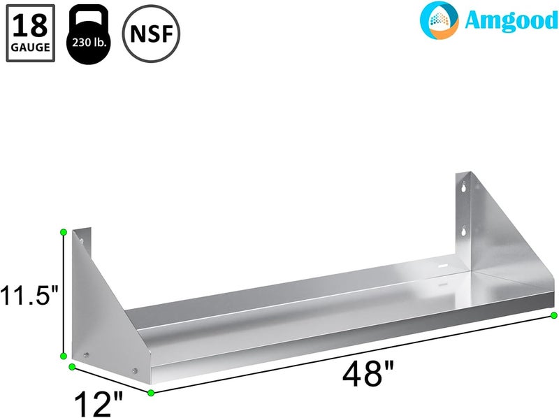 AmGood Stainless Steel Wall Shelf with Side Guards (48" Long x 12" Deep) - Image 3