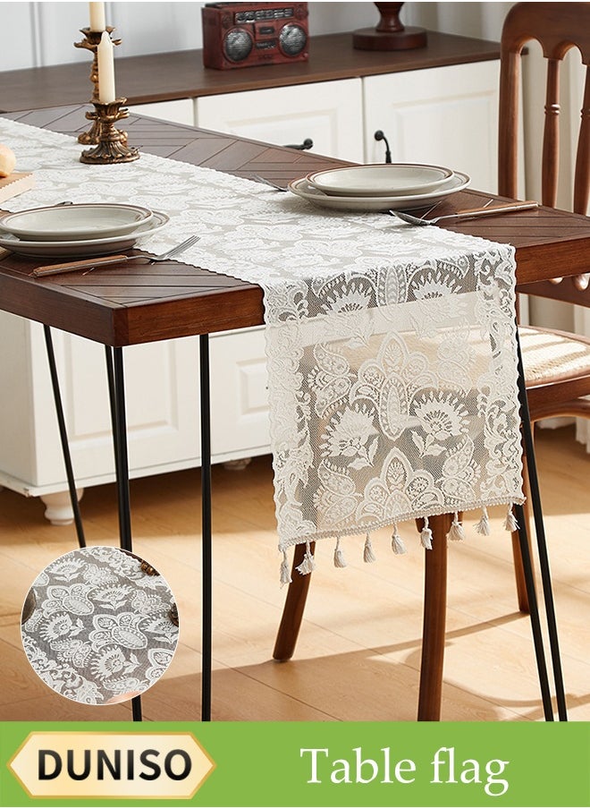 DUNISO Lace Table Runner,Dust Proof Lace Tablecloth, Rectangular Coffee Table Cloth，With Tassels, Wear Resistant And Heat Resistant, Used For Party, Restaurant And Wedding Decoration，30*180cm，White  - Image 1