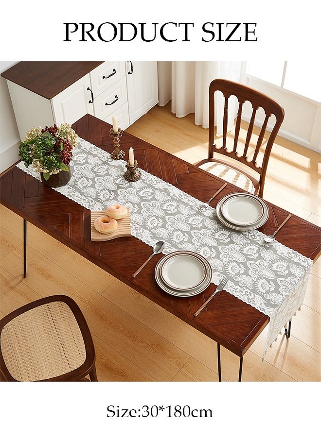 DUNISO Lace Table Runner,Dust Proof Lace Tablecloth, Rectangular Coffee Table Cloth，With Tassels, Wear Resistant And Heat Resistant, Used For Party, Restaurant And Wedding Decoration，30*180cm，White  - Image 2