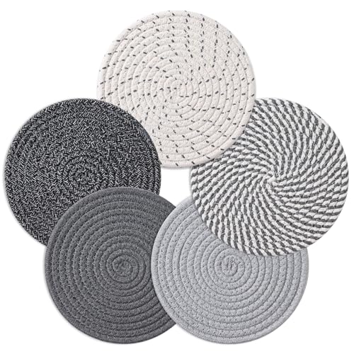 Husfunov 7 Inch Trivets for Hot Dishes, Pots and Pans, 5 Heat Resistant Pot Holders for Kitchen, Home Essentials, Hot Pads for Countertop and Table, Farmhouse Decor Vase Mats, Gray - Image 1