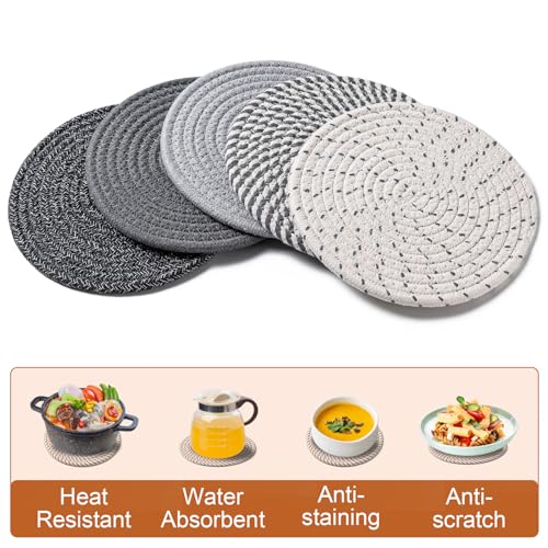 Husfunov 7 Inch Trivets for Hot Dishes, Pots and Pans, 5 Heat Resistant Pot Holders for Kitchen, Home Essentials, Hot Pads for Countertop and Table, Farmhouse Decor Vase Mats, Gray - Image 4