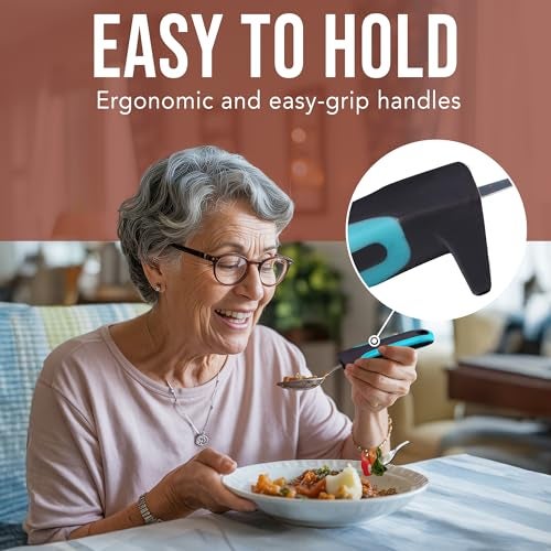 BUNMO Adaptive Utensils for Elderly, Arthritis, Weak Hand Grip & Handicapped - 4 Piece Set - Convenient Travel Pouch - Lightweight - Arthritis Gifts for Seniors Over 80 - Gifts for Disabled Adults - Image 4
