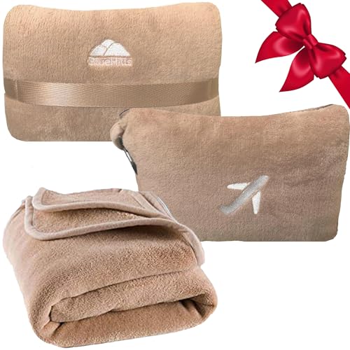 BlueHills Travel Blanket Pillow in Mini Soft Case Premium Plush Airplane Blanket Compact Luggage Belt and Backpack Clip Warm Plane Pillows Traveling Gifts Packable - Beige M06 - Image 1